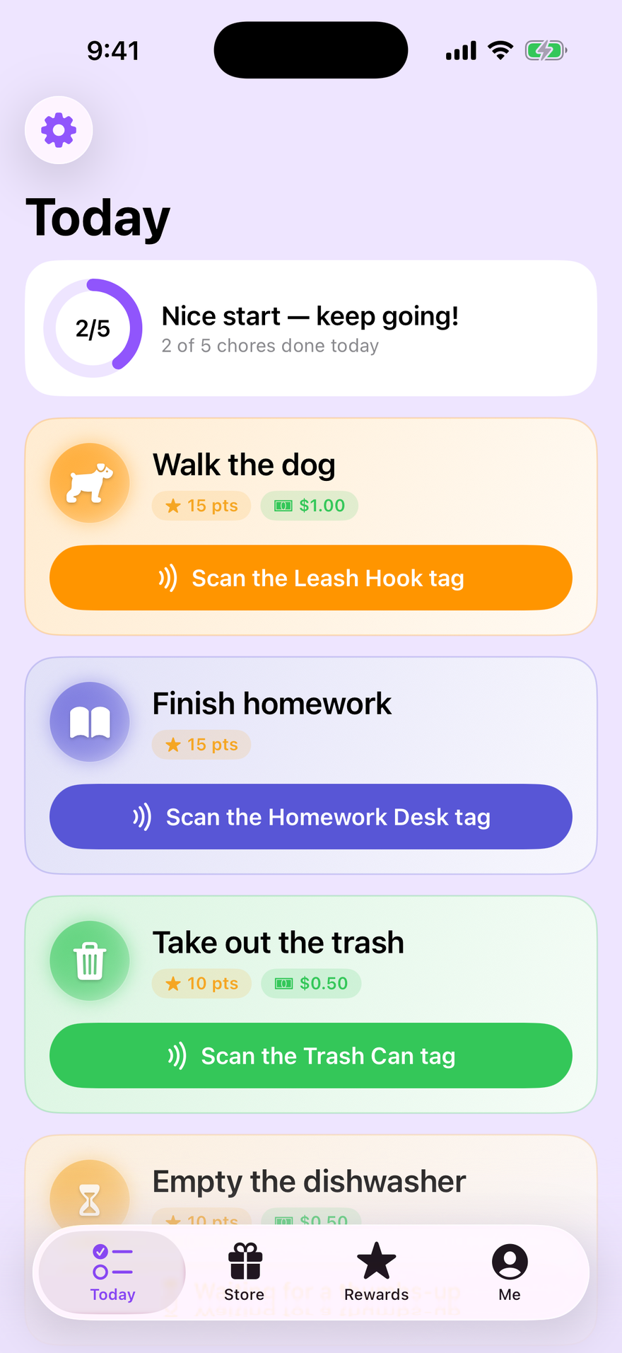 A child's Today screen in Helpfl Family: Walk the dog, Finish homework and Take out the trash, each with a button to scan its tag.