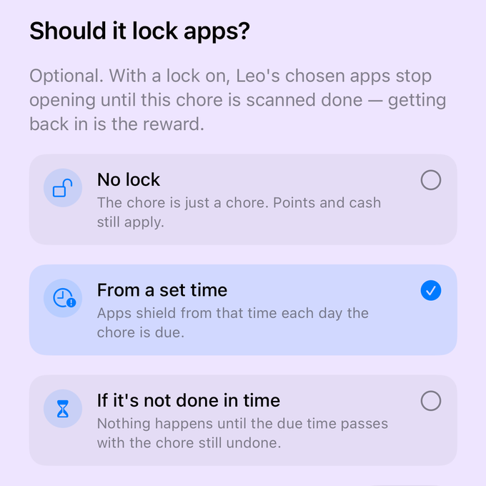 The chore wizard asking 'Should it lock apps?', with No lock, From a set time, and If it's not done in time.