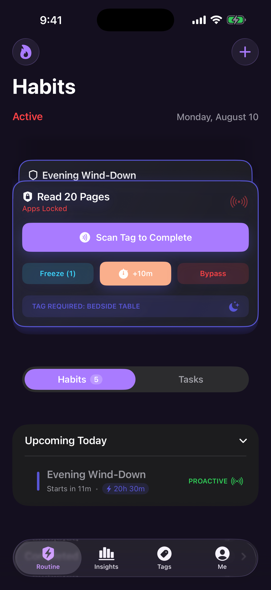 The Helpfl home screen showing a locked routine, 'Read 20 Pages — Apps Locked', with a 'Scan Tag to Complete' button.