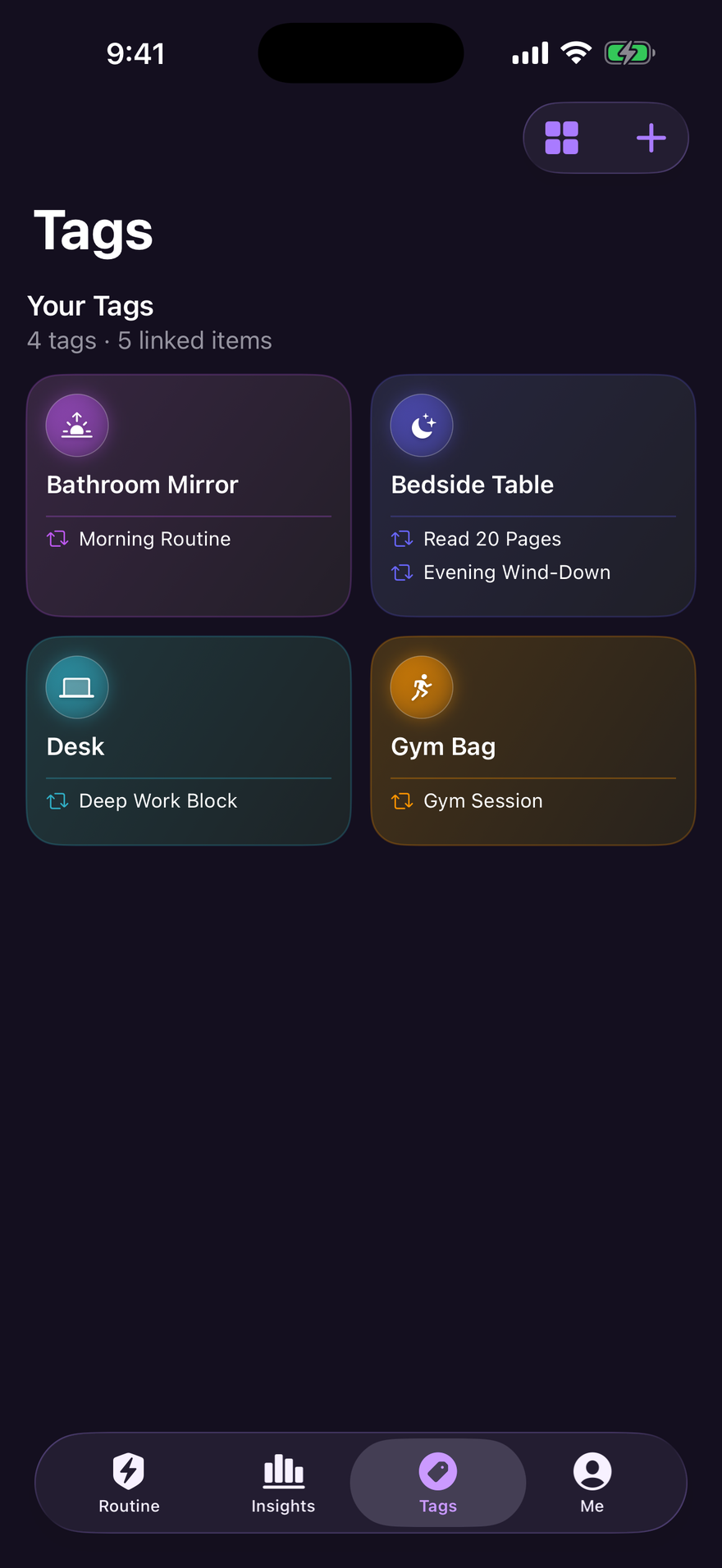 Helpfl's Tag Vault, a colour-coded library of registered NFC tags.