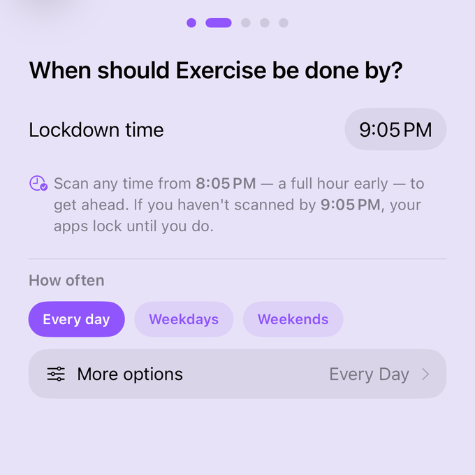 Setting a routine's lockdown time to 9:05 PM, repeating every day, with a note that scanning any time from 8:05 PM counts.