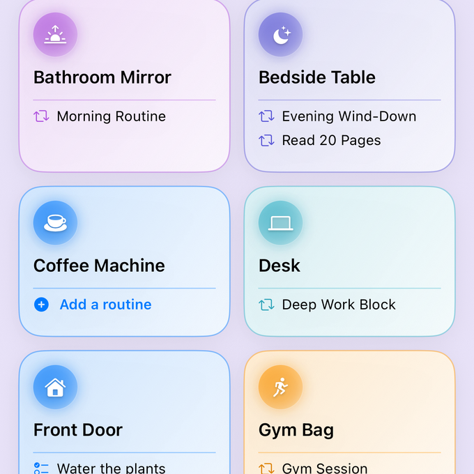 Helpfl's tag vault: coloured cards for Bathroom Mirror, Bedside Table, Coffee Machine, Desk, Front Door and Gym Bag, each listing the routines it unlocks.